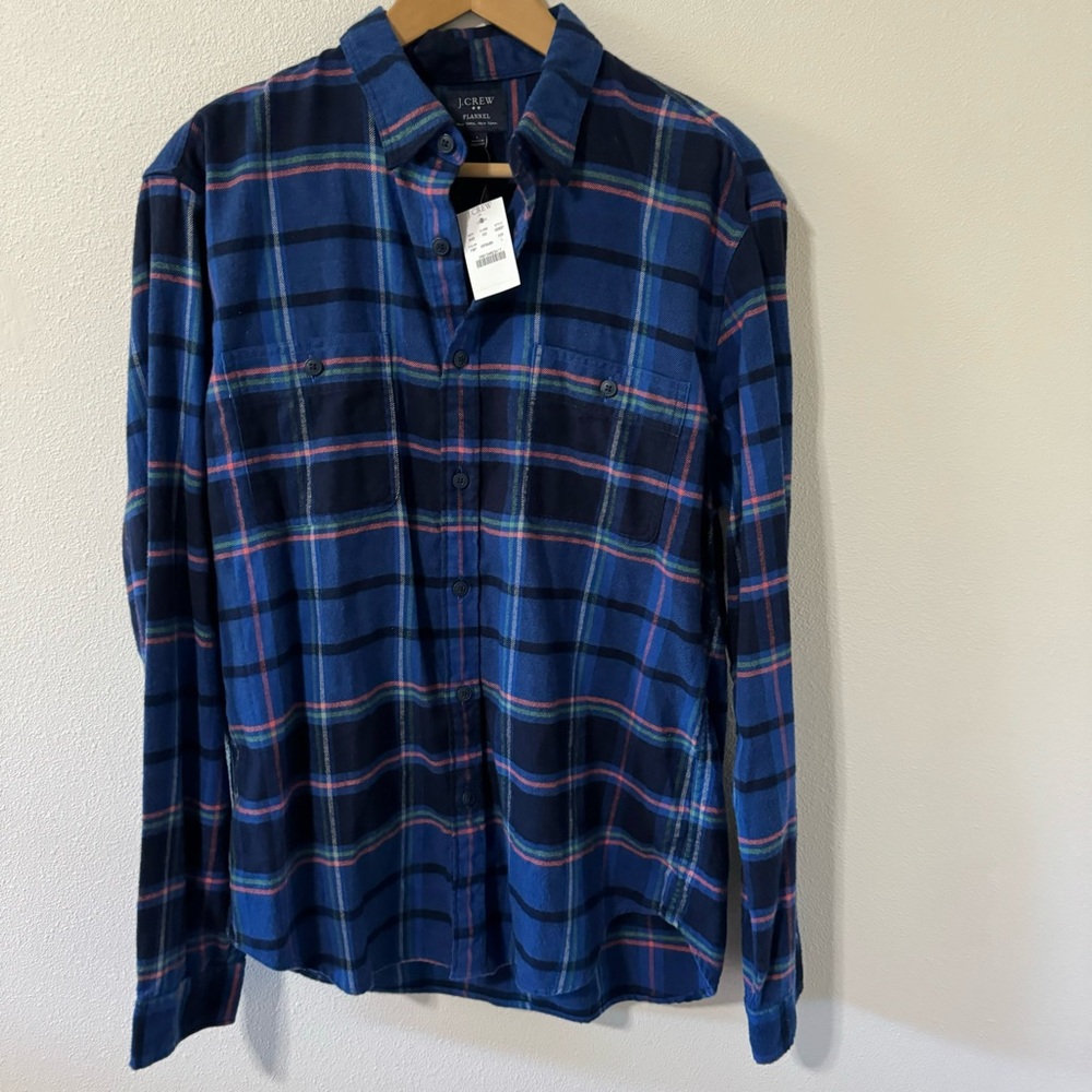 J Crew Factory Blue Plaid Flannel Long Sleeve Button Up Shirt Cotton NWT-Large